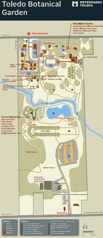 A trail map graphic of the Toledo Botanical Garden showing paths and garden areas