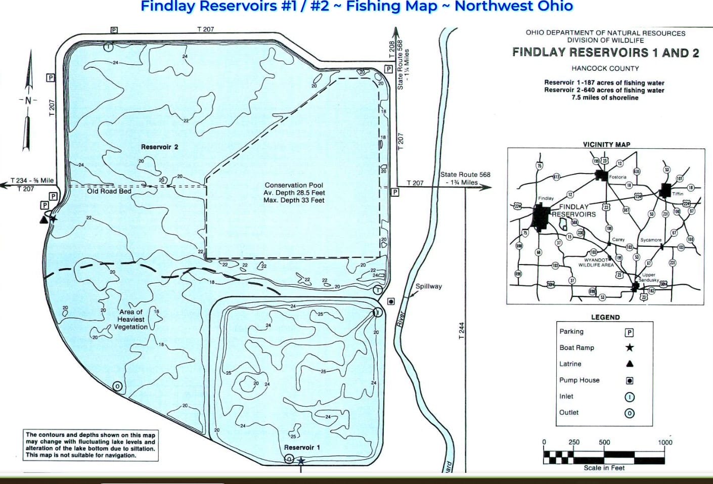 A fishing map of Findlay Reservoirs 1 and 2 in northwest Ohio