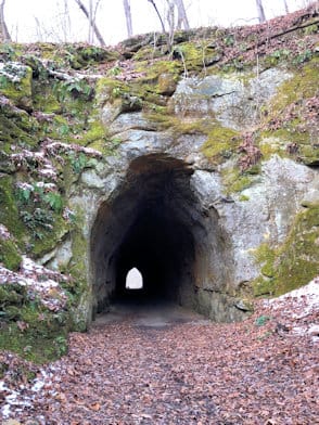 The Blackhand Gorge railroad tunnel cut through mossy sandstone, with daylight at the far end