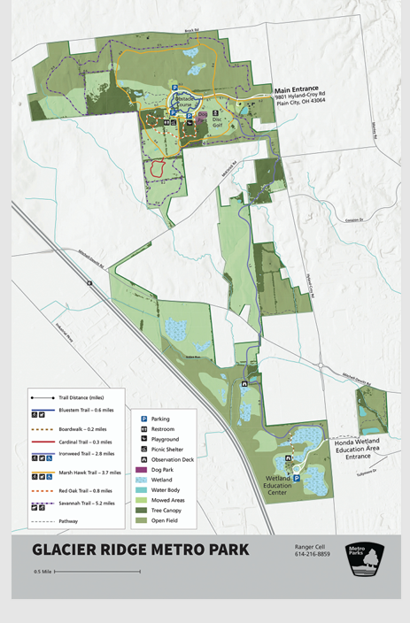 Glacier Ridge Metro Park trail map showing loops and wetlands