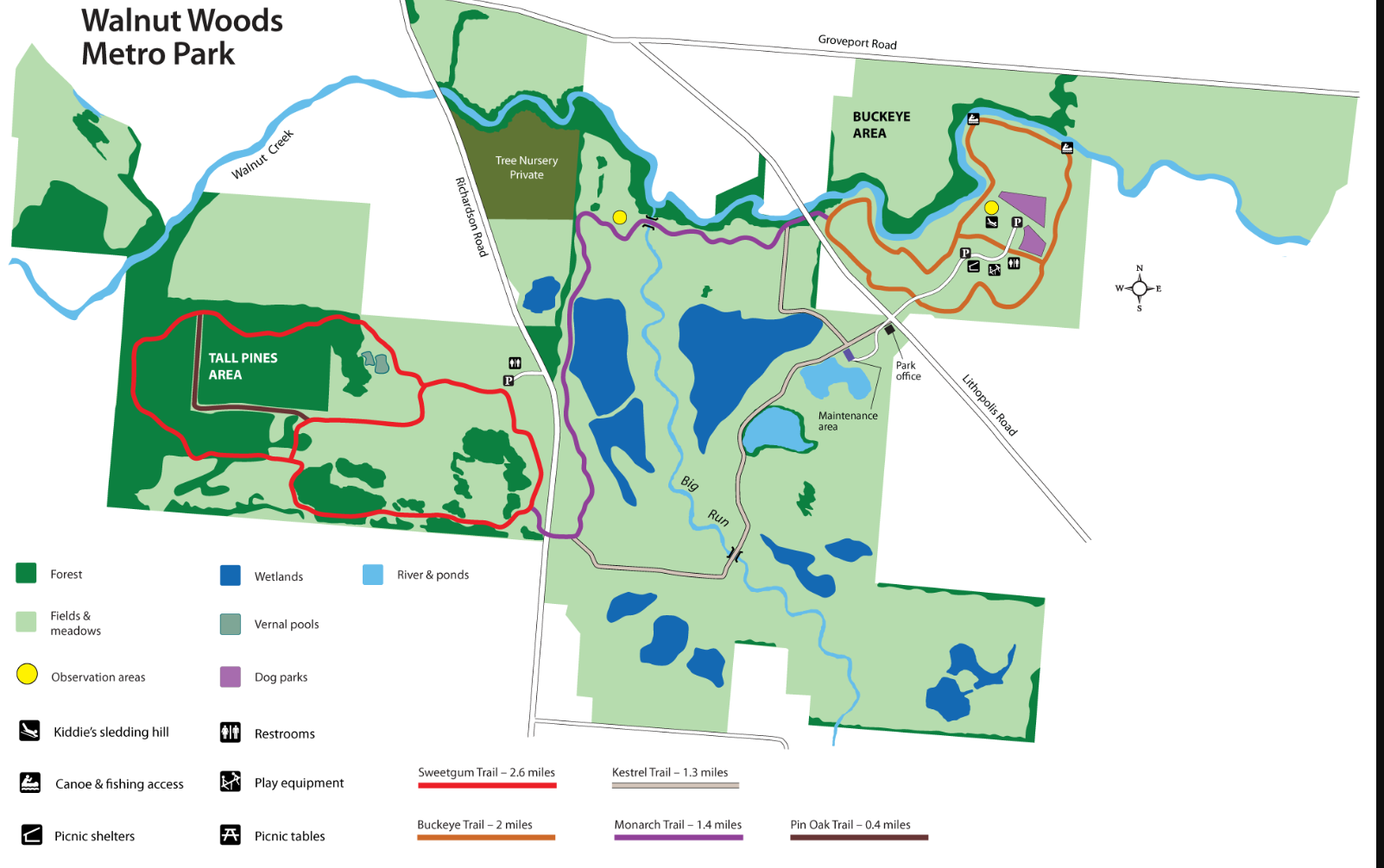 Color trail map of Walnut Woods Metro Park with loops and water features