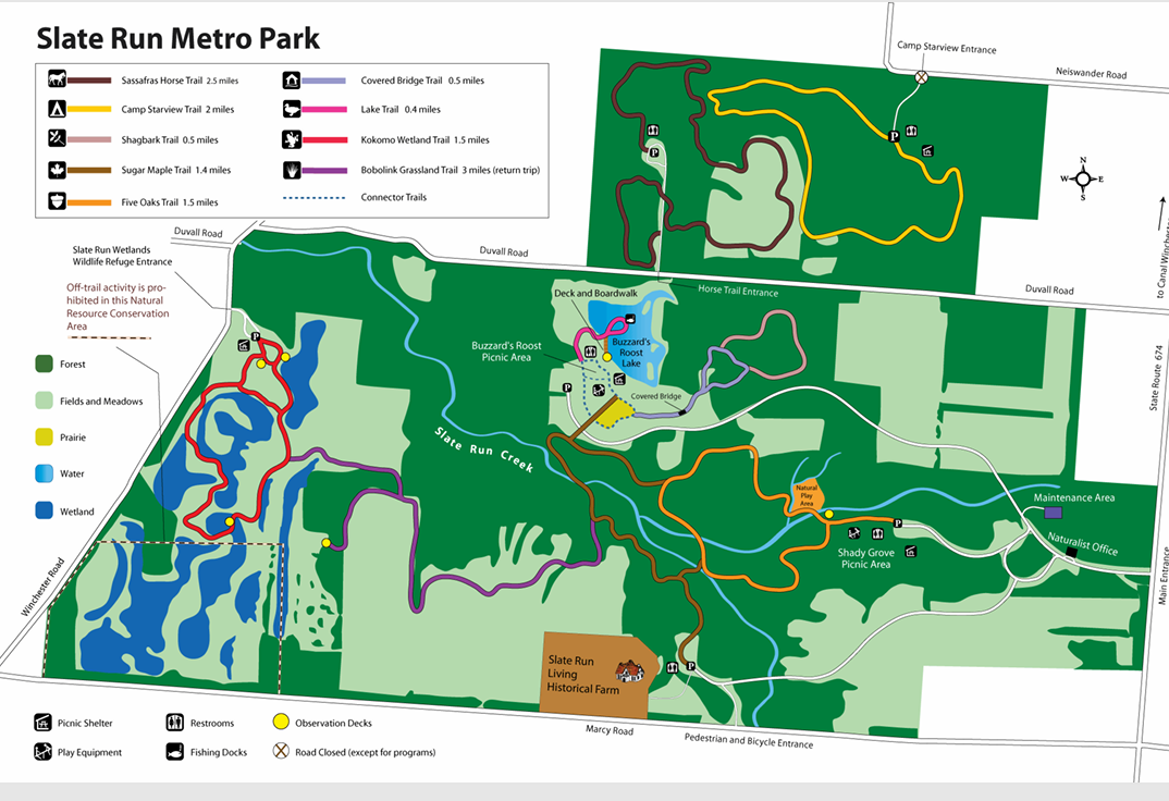 Color trail map of Slate Run Metro Park showing loops and facilities