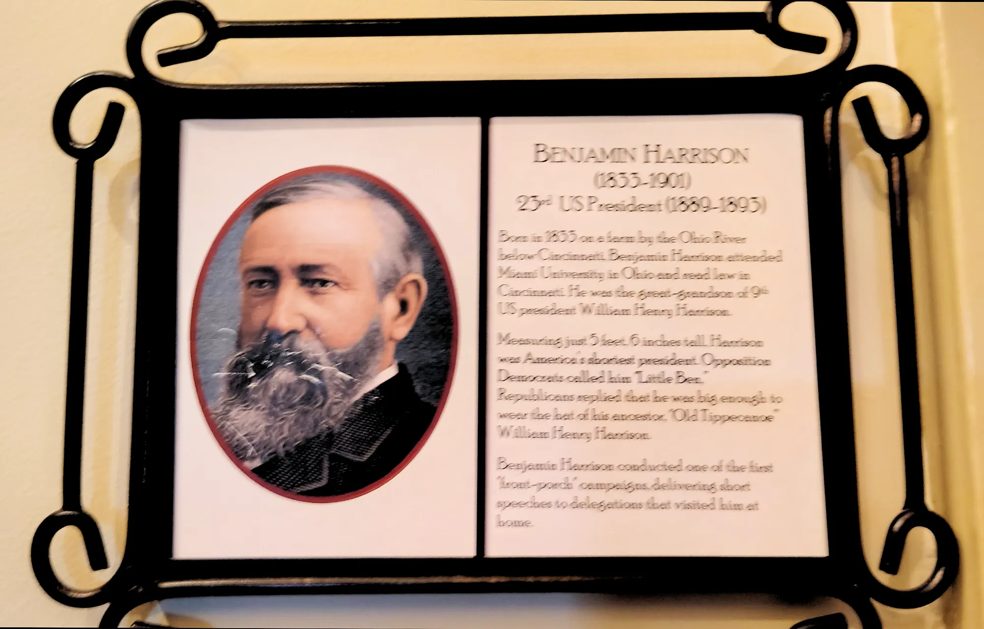 A framed biography plaque for President Benjamin Harrison with his portrait