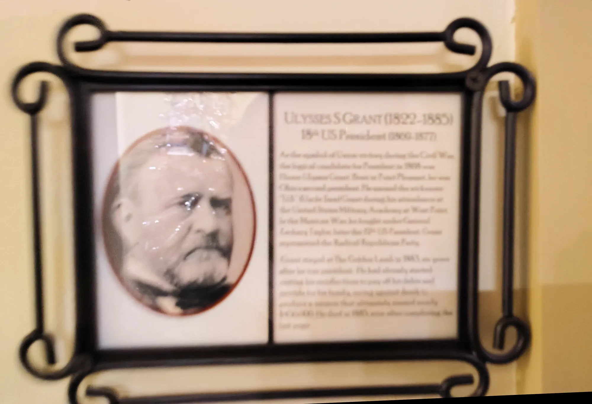 A framed biography plaque for President Ulysses S. Grant with his portrait
