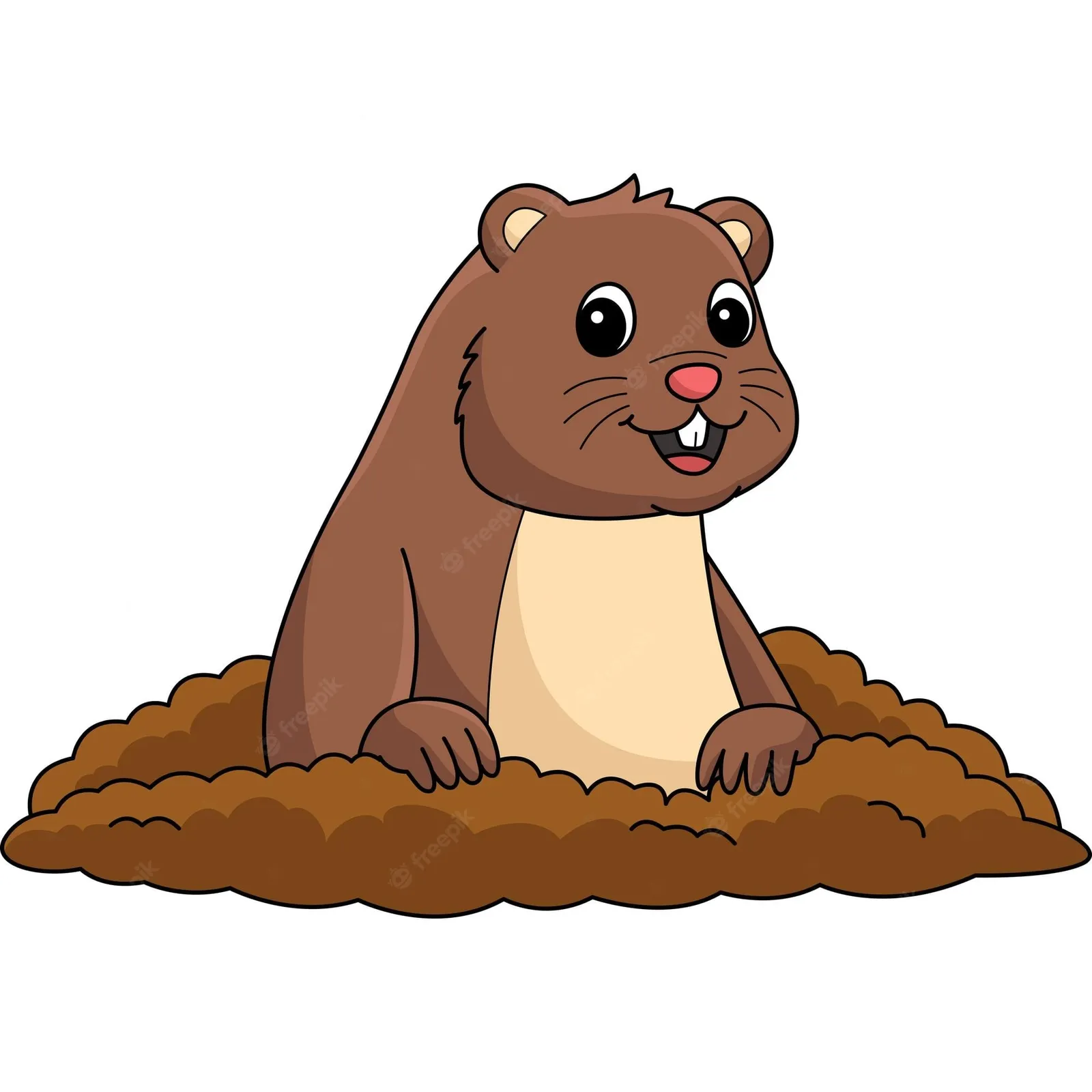 Cartoon groundhog popping out of a mound of dirt, smiling